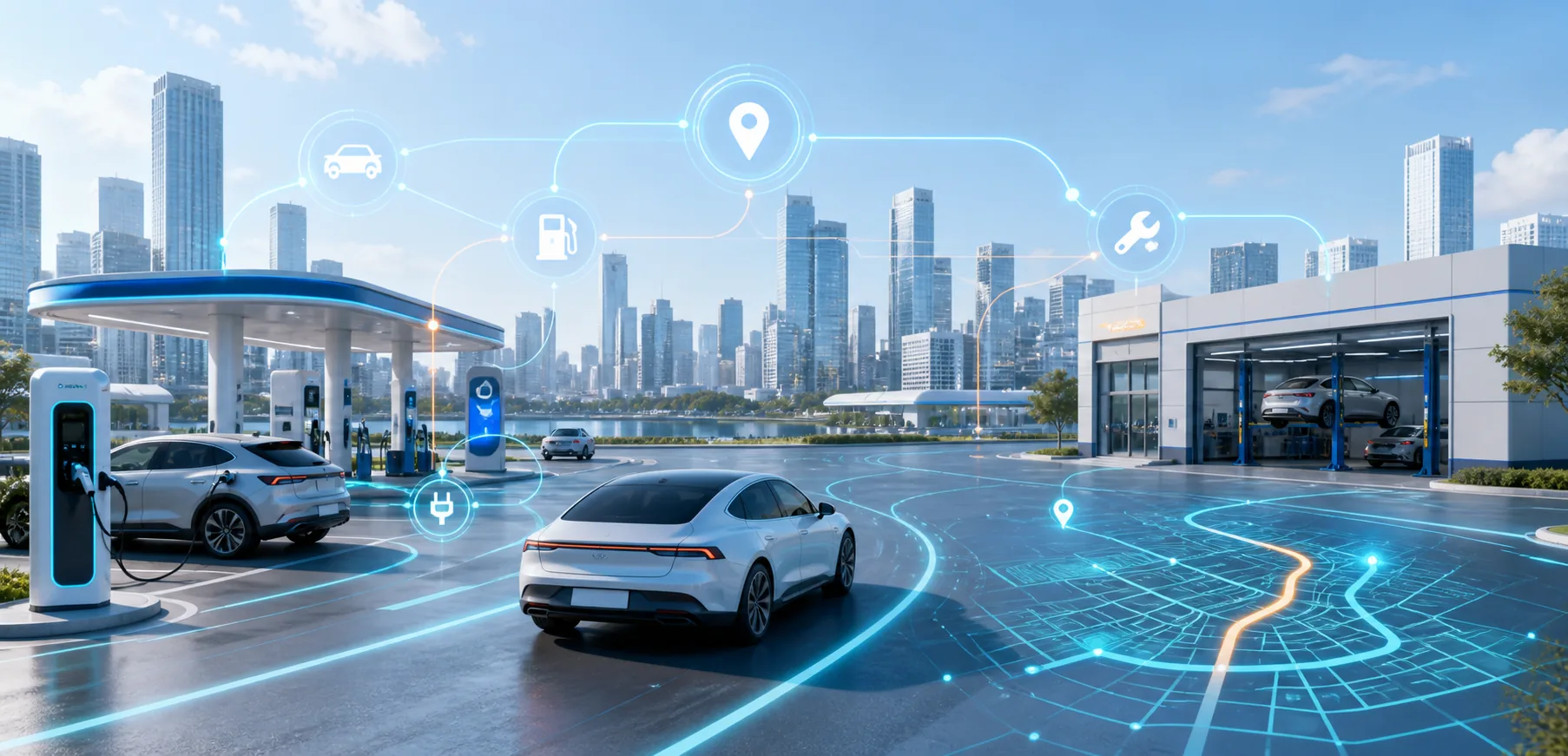Connected mobility ecosystem with EV charging, fuel, service, and city routing