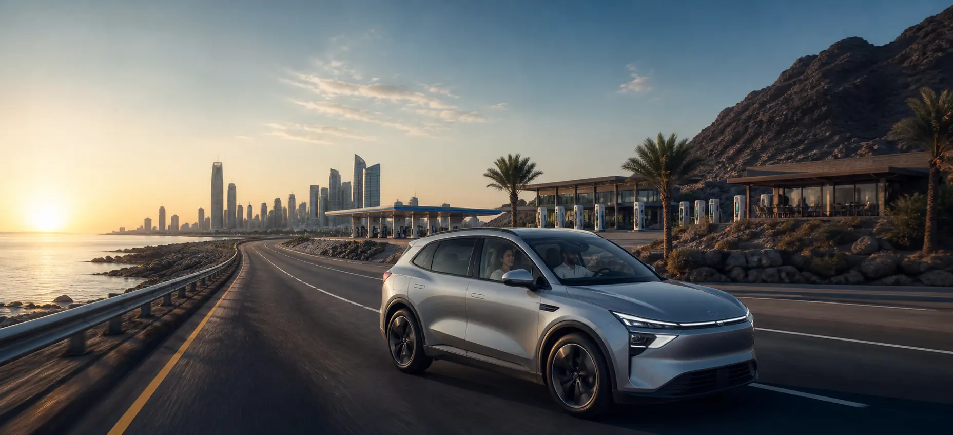 A driver and traveler moving confidently along a coastal road with charging and rest services ahead